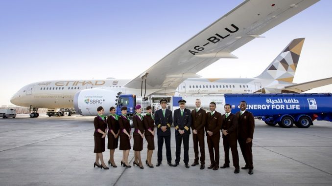 Pilots and cabin crew of the first biofuel flight with Etihad biofuel pl...